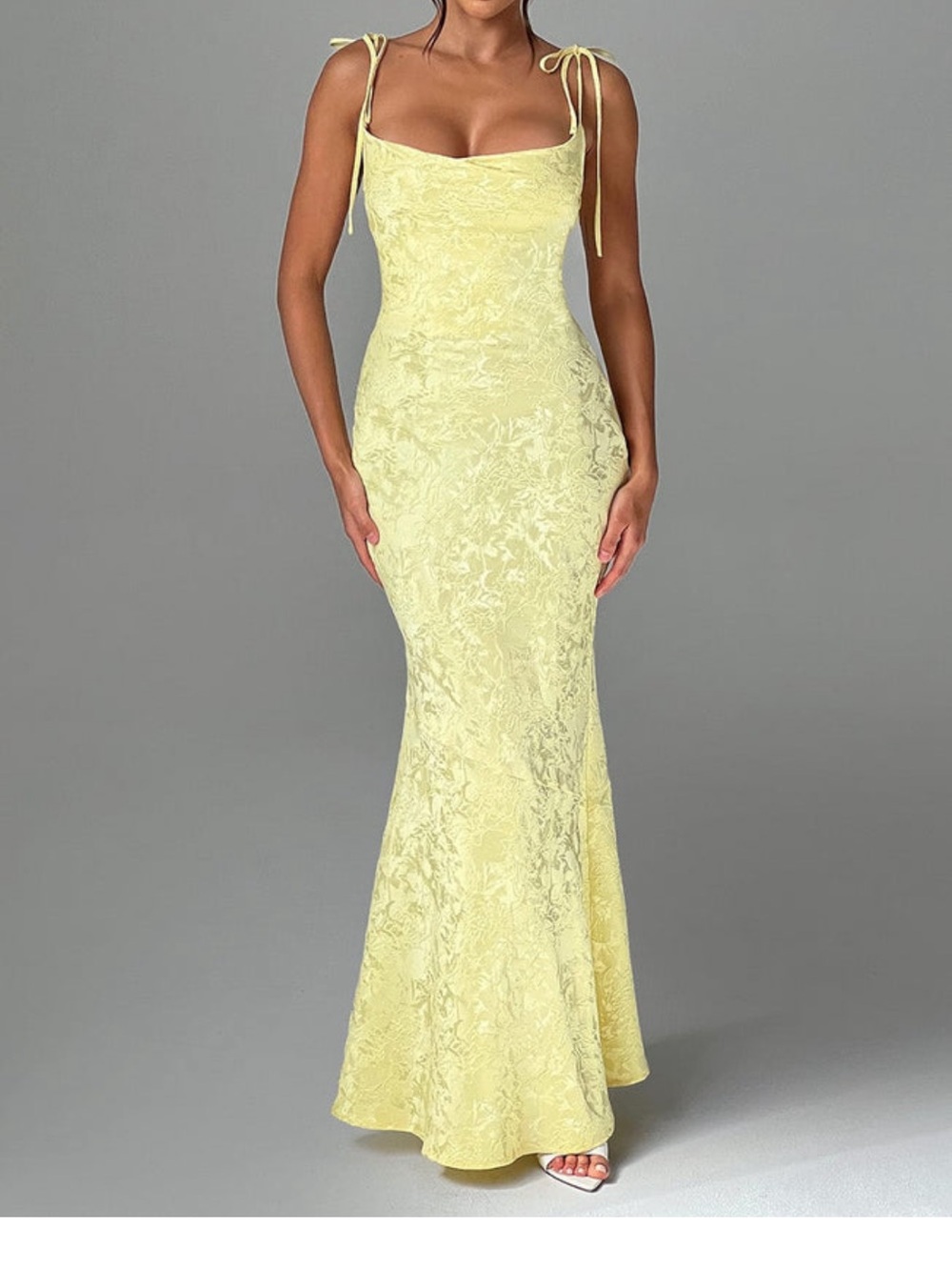 Elegant Yellow Lace Tie-Shoulder Evening Dress
